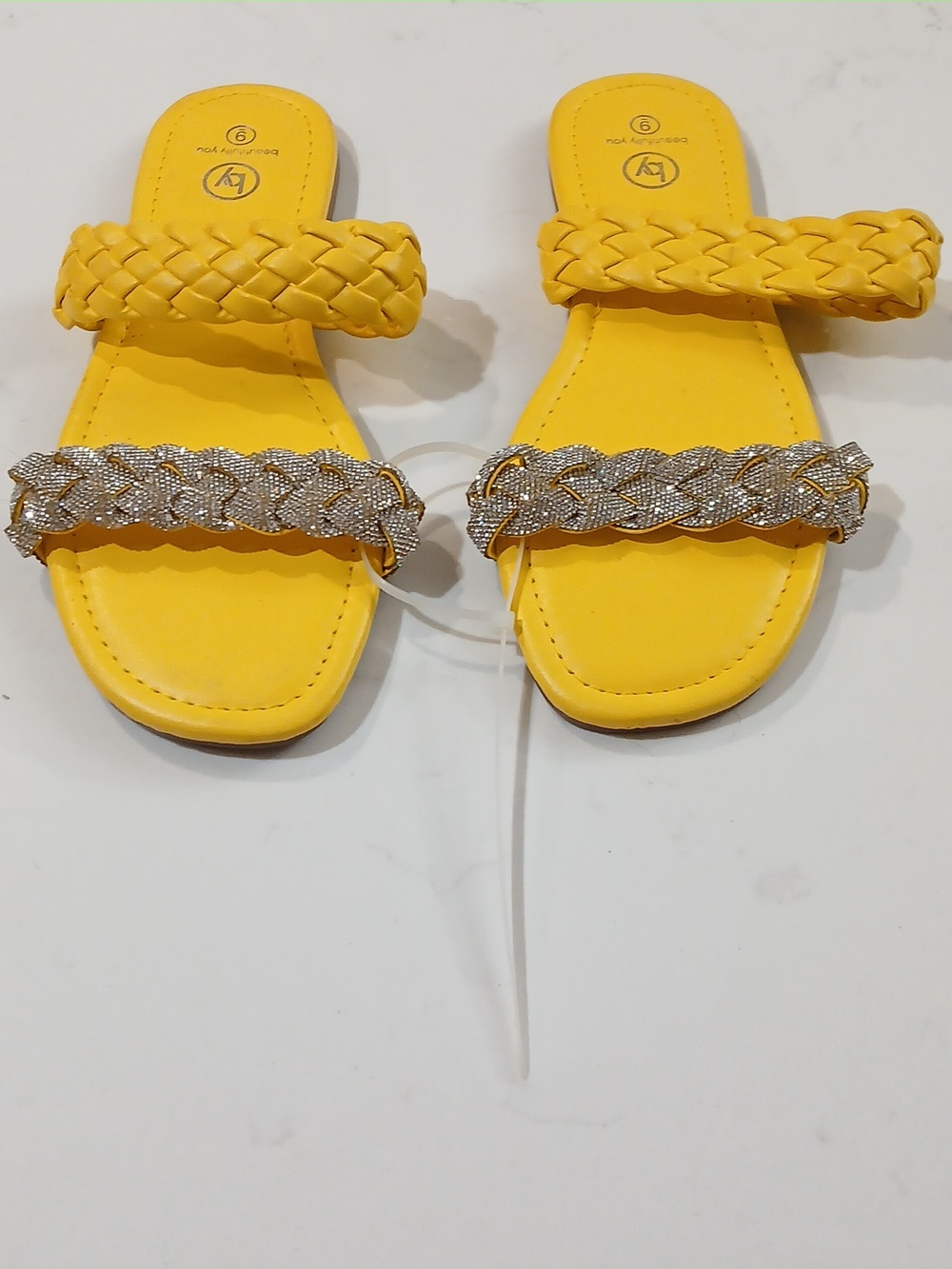 Beautifully You Semi-New Braided Yellow Slide Sandals with Rhinestone Accent